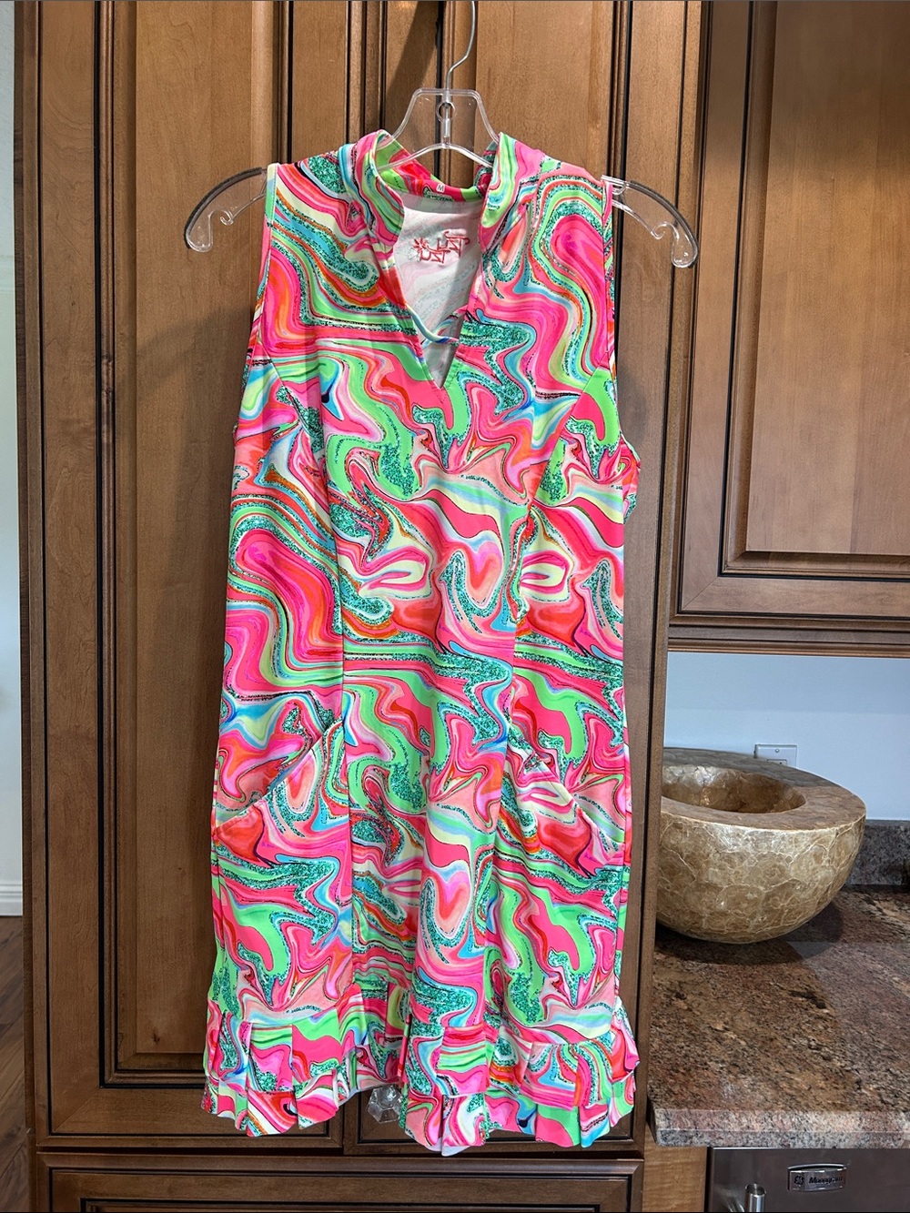 Tzu Tzu Sleeveless golf/tennis  Mini Shift Dress - Pink, Green & Coral Swirl